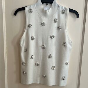 Sleeveless White Jewel-Embellished Mock Neck Top